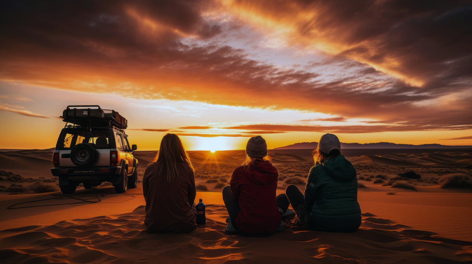 Groupe d'amis en 4x4 admirant le coucher de soleil dans le désert, symbole du voyage sur mesure