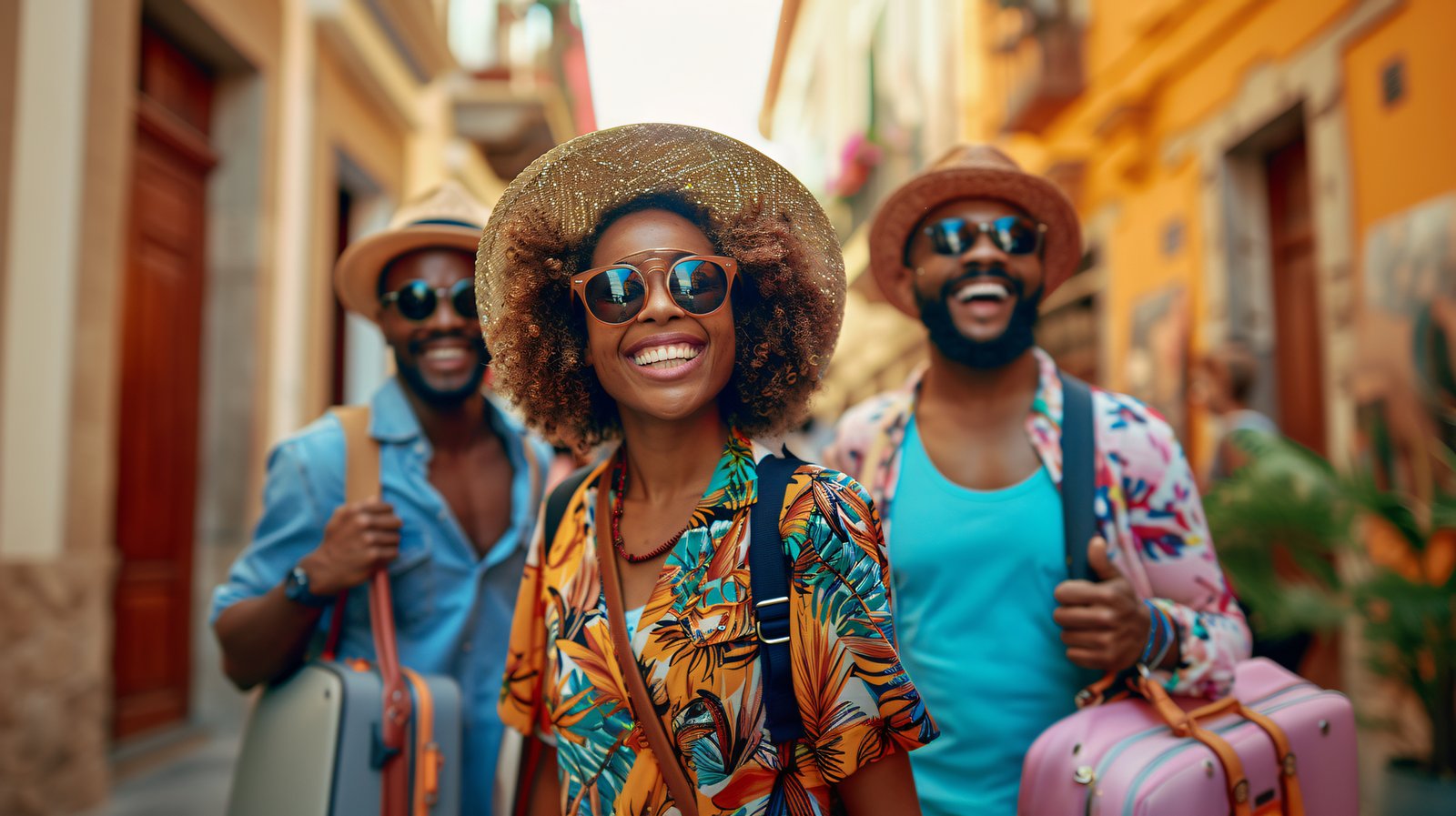 Voyageurs souriants avec leurs valises, Alhambra Voyages